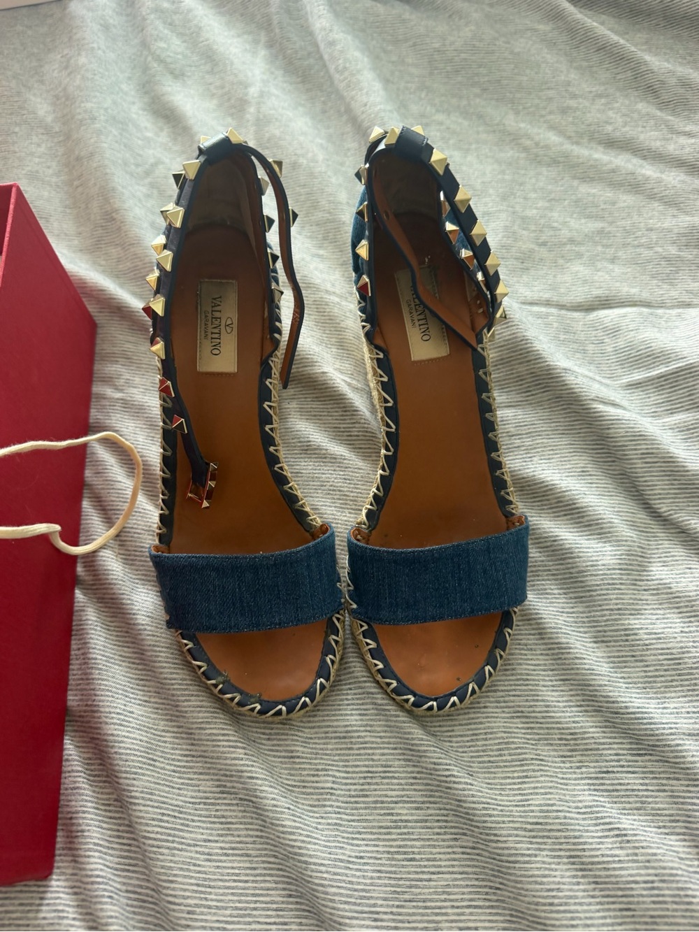 Valentino Blue Denim Rockstud Espadrille Wedge Sandals with Gold Studs